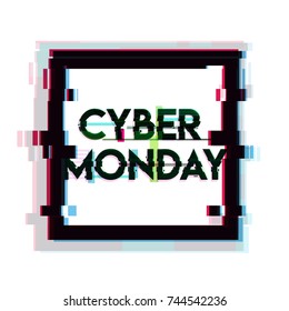 Square banner, sign, label with cyber monday inscription in distorted glitch style on white background. Design element for event advertising, branding, shares, promotion. Vector illustration.