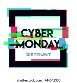 Square banner, sign, label with cyber monday inscription in distorted glitch style on white background. Design element for event advertising, branding, shares, promotion. Vector illustration.