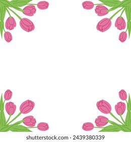 Square banner for social media with tulips on white background. Good for banner, background, social media graphics. Frame template or design print with tulips and daffodils