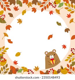 Bandera cuadrada marco suave de oso de peluche lindo con hojas de otoño y nueces Fondo rosa