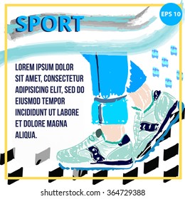 Square banner for the sport. Vector picture with sneakers. Poster sneakers and a blue background. Drawn Sneakers crayons. Pastel shades.Banner with the effect of the brush.