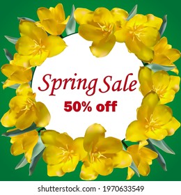 Square banner "Spring sale 50%". Banner in a ring of yellow tulips on an emerald background.
