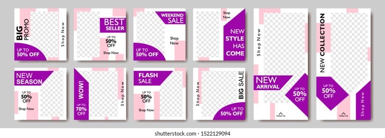 Square banner and story template social media. Set of frame promotion poster templates for web, online and mobile app. Isolated background vector illustration.