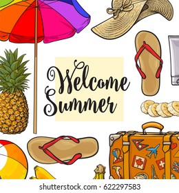 Square banner of summertime vacation attributes with place for text, sketch style vector illustration isolated on white background. Hand drawn summer objects, symbols, elements as banner, card, poster