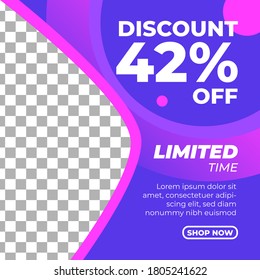 Square banner template business. Pink and purple background color. Suitable for social media post, discount and web internet ads. Vector illustration with photo college. Modern Graphic Template Banner