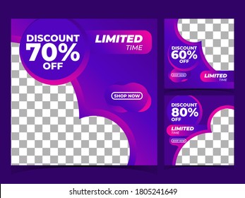 Square banner template business. Pink and purple background color. Suitable for social media post, discount and web internet ads. Vector illustration with photo college. Modern Graphic Template Banner