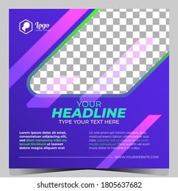 Square banner template business. Purple background color. Suitable for social media post, discount and web internet ads. Vector illustration with photo college. Modern Graphic Template Banner