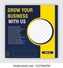 square banner template. Dark blue yellow white background color with geometric shapes for social media posts and web internet ads. Vector illustration