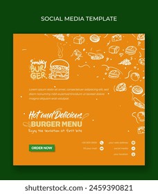 Diseño de Plantilla de Anuncio cuadrado en fondo naranja con diseño dibujado a mano de ingredientes de hamburguesa. Buena Plantilla para la publicidad de la hamburguesa o el diseño de la comida callejera