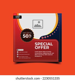 Square banner template design. Red and blue background color with stripe line shape. Suitable for social media post and web internets ads.