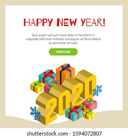 Square Сhristmas banner template with gold numbers 2020, colorful gift boxes and blue snowflakes in isometric style.