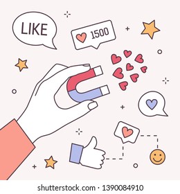 Square banner template with hand holding magnet, thumbs up and like symbols. Social media marketing, content management, positive feedback. Modern colorful vector illustration in line art style.