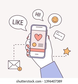 Square banner template with hand holding smartphone, speech bubbles and new message symbol. Social media marketing, content management, instant messaging. Modern vector illustration in linear style.