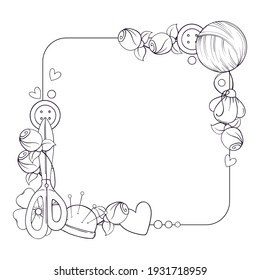 Square banner template for hand made, knitting, sewing. Frame with sewing and knitting attributes in doodle style