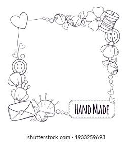 Square banner template for hand made, knitting, sewing. Frame with sewing and knitting attributes in doodle style