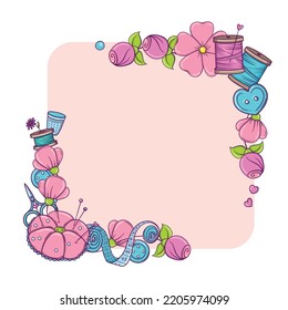 Square banner template for hand made, knitting, sewing. Frame with sewing and knitting attributes in doodle style