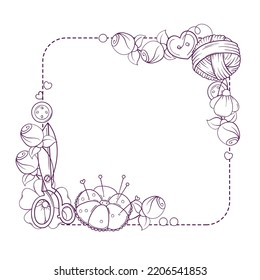 Square banner template for hand made, knitting, sewing. Frame with sewing and knitting attributes in sketch style