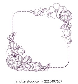 Square banner template for hand made, knitting, sewing. Frame with sewing and knitting attributes in sketch style