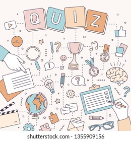 Square banner template with hands of people solving puzzles and brain teasers, answering quiz questions, taking part in logic competition. Modern colorful vector illustration in line art style.