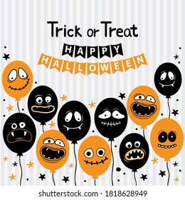 Square banner template for happy Halloween. Balloons with creepy faces, jaws, teeth and open mouths. Cartoon character Ghost, monster, Jack Skellington. Place for text. Hand drawn vector illustration