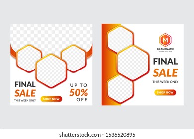 Square Banner Template Layout Design. Cover, Catalog. Creative Modern Concept With Squares, Hexagon Layout Space For Photo Collage. Gradient Orange Colors. Final Sale Offer. 