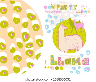 square banner template with a llama, a flock of llamas inscription llama and colorful background. trendy scrabble art style. Vector design layout