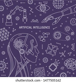 Square banner template with robot head, robotic arm, automatic manipulator, innovative technology devices. Artificial intelligence and machine learning. Monochrome vector illustration in linear style.