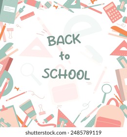 Square banner template with school supplies, stationery and items. Back to school concept for web and promotional materials. Sale leaflet, advertising. Vector isolated on white background.