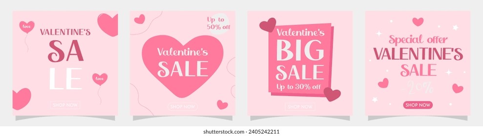 Valentine’s square banner template set. Romantic and trendy templates for sale on social media. Vector illustrations with text, love elements, and modern layout ideal for greeting cards,  posts, app.