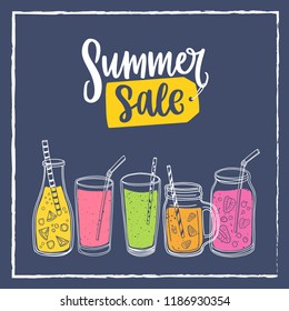 Square banner template with Summer Sale lettering and smoothie drinks, beverages or cocktails made of tasty fresh fruits and berries in glasses, bottle and jars with straws. Vector illustration.