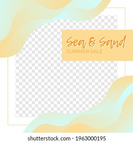Square banner template (vector EPS 10) with gradient waves on the background and place for your photo. Editable design with beige and blue liquid elements.  Summer sale design for web, social media.