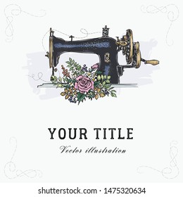 Square banner template. Vector hand drawn illustration of sewing machine and flowers. Retro style. Eps 10