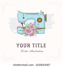 Square banner template. Vector hand drawn illustration of sewing machine and flowers. Retro style. Eps 10