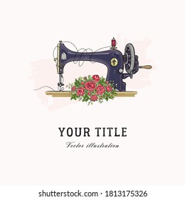 Square banner template. Vector hand drawn illustration of sewing machine and flowers. Retro style. Eps 10