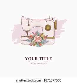 Square banner template. Vector hand drawn illustration of sewing machine and flowers. Retro style. Eps 10