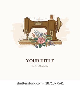 Square banner template. Vector hand drawn illustration of sewing machine and flowers. Retro style. Eps 10