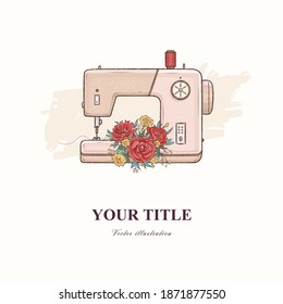 Square banner template. Vector hand drawn illustration of sewing machine and flowers. Retro style. Eps 10