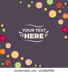 Square banner template with vegetable pieces on the corners. Vector illustration.