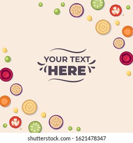 Square banner template with vegetable pieces on the corners. Vector illustration.