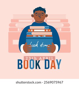 Square banner template to World Book Day. Dark-skinned boy holding container with stack of books. Cute vector illustration with text. Flat Design. Cute cartoon person in library.