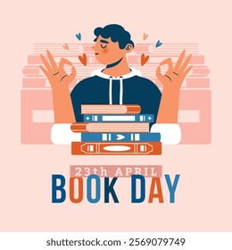 Square banner template to World Book Day. Young man show ok sign of hands among stacks of books. Cute vector illustration with text. Kawaii teenage boy, who loves literature standing in library.