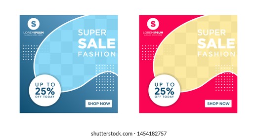 Square banner templates with circles and shapes for a photo collage. sale lay out. pink and blue colors