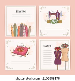 Square banner templates for greeting card and social media mobile apps. Sewing equipment and needlework. Vector illustration