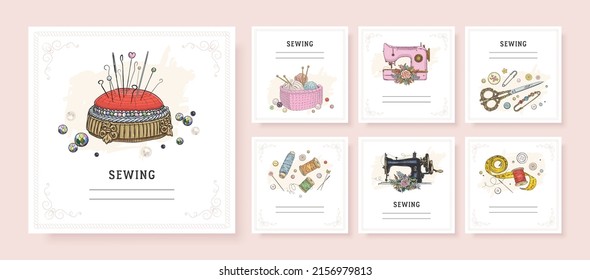 Square banner templates for greeting card and social media mobile apps. Sewing equipment and needlework. Vector illustration of sewing machine, scissors and buttons