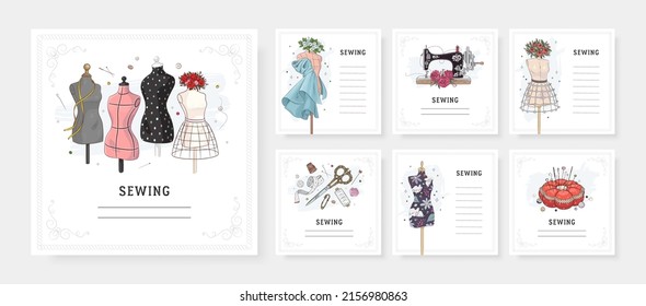 Plantillas de banner cuadrado para tarjetas de felicitación y aplicaciones móviles de medios sociales. Equipo de coser y costura. Ilustración vectorial de la máquina de coser, el maniquí y las flores