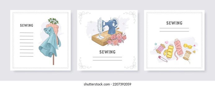 Plantillas de banner cuadrado para tarjetas de felicitación y aplicaciones móviles de medios sociales. Equipo de coser y costura. Ilustración vectorial de la máquina de coser, el maniquí y las flores