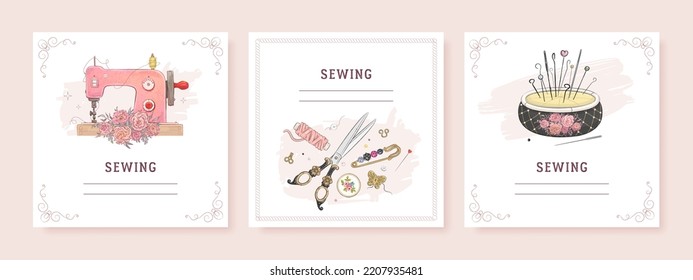 Square banner templates for greeting card and social media mobile apps. Sewing equipment and needlework. Vector illustration of sewing machine, pin cushion, scissors and buttons