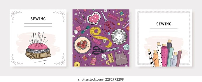 Square banner templates for greeting card and social media mobile apps. Sewing equipment and needlework. Vector illustration of pin cushion, scissors and buttons