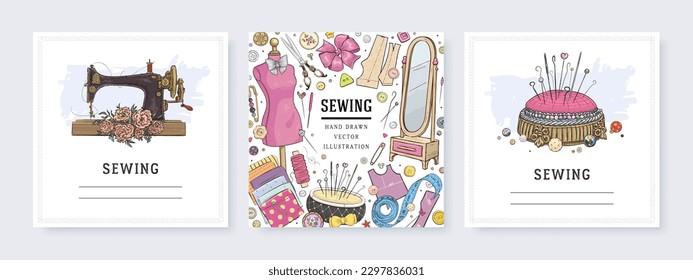 Square banner templates for greeting card and social media mobile apps. Sewing equipment and needlework. Vector illustration of sewing machine, mannequin and pin cushion