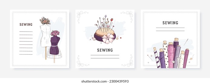 Square banner templates for greeting card and social media mobile apps. Sewing equipment and needlework. Vector illustration of pin cushion, mannequin and flowers